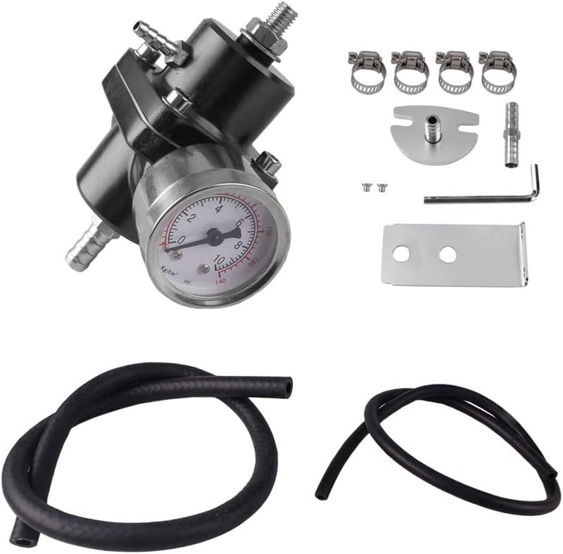 BARTOO طقم منظم ضغط الوقود القابل للتعديل العالمي، منظم وقود من الألمنيوم، منظم ضغط حقن الغاز والزيت القابل للتعديل مع مقياس 0-140 PSI - أسود - Image 1